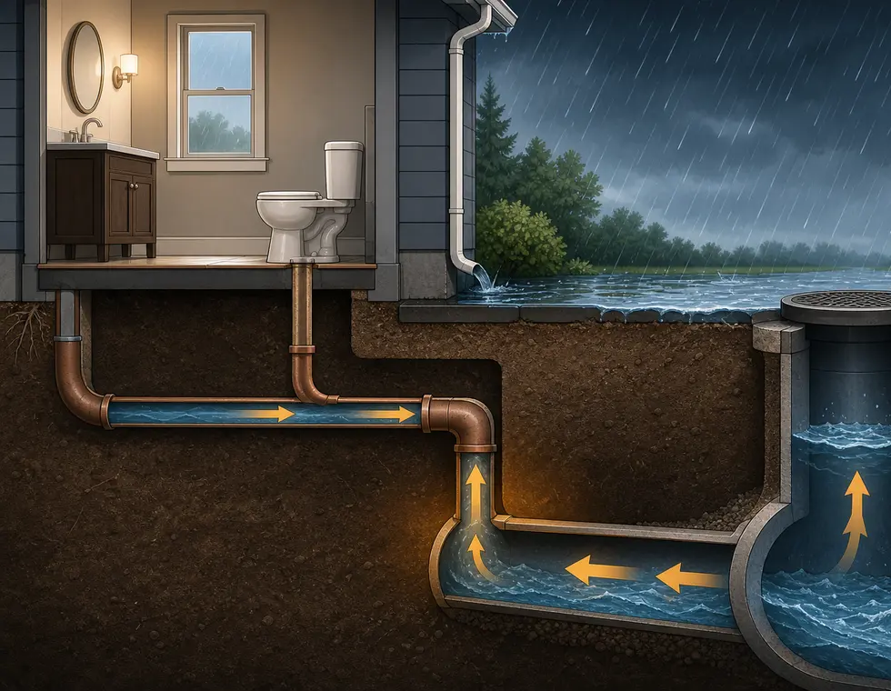 Illustrated sewer and drain path diagram for an Olympia home during heavy rain